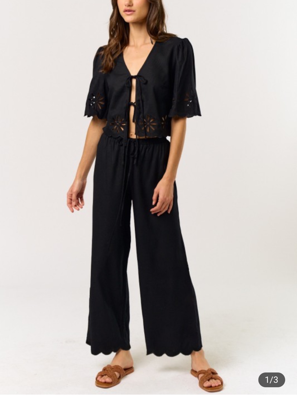 Black Eyelet Wide-Leg Pant And Tie-Front Top Set